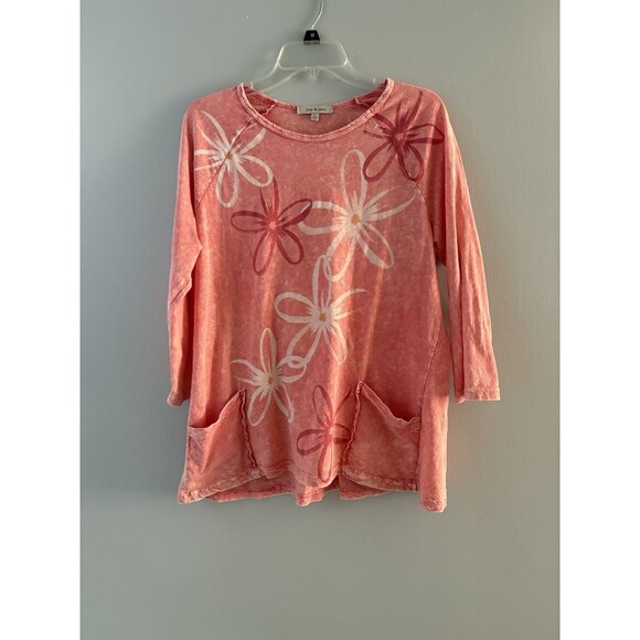 Jess & Jane Daisy Tunic Top Size L Orange Floral Asymmetrical Pockets Lagenlook - Picture 12 of 12